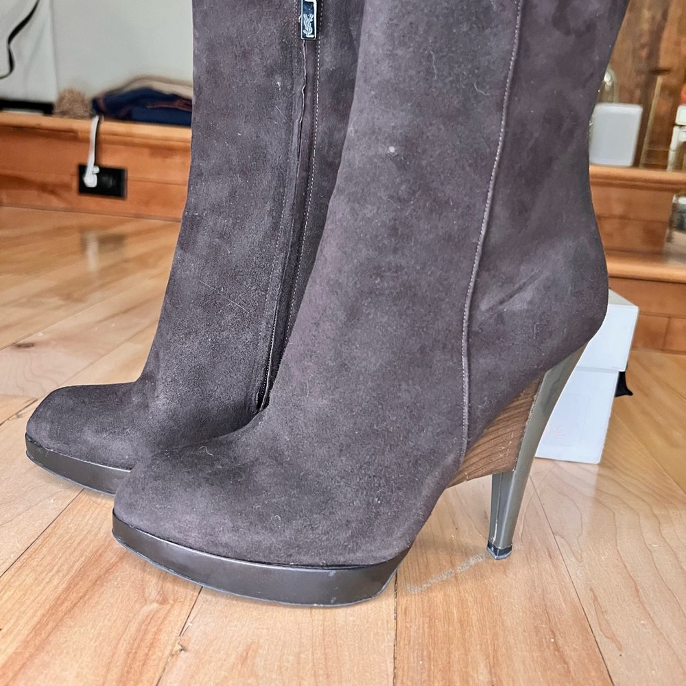 Yves Saint Laurent Dark Brown Suede Heeled Boots